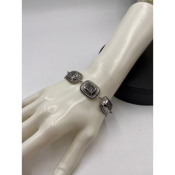 Sterling Silver INDIA PJC Black Druzy Quartz Braided Link Chain Bracelet - Picture 2 of 10